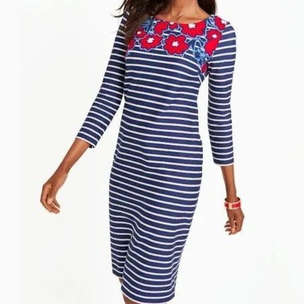 Talbots Size L Petite Blue & White Stripe Shift Dress Red Floral Neck 3/4 Sleeve - Picture 2 of 12